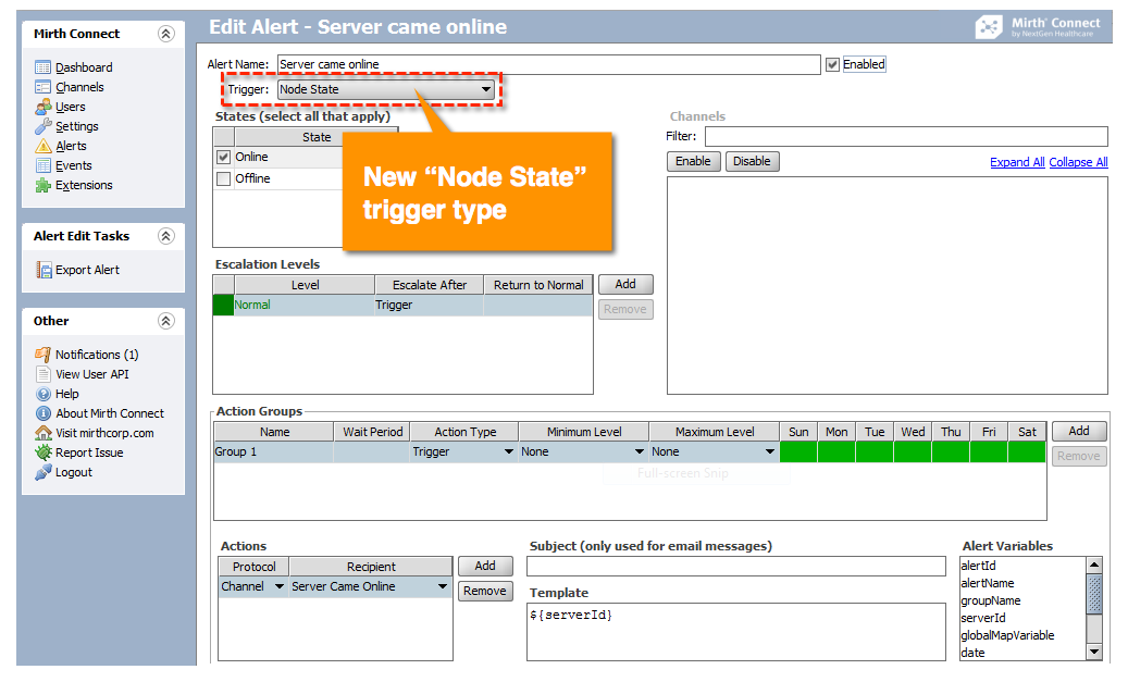 Creating a new alert using the node state trigger.