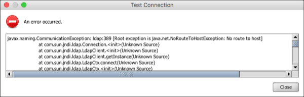 A Connection Error in the Test Connection Window