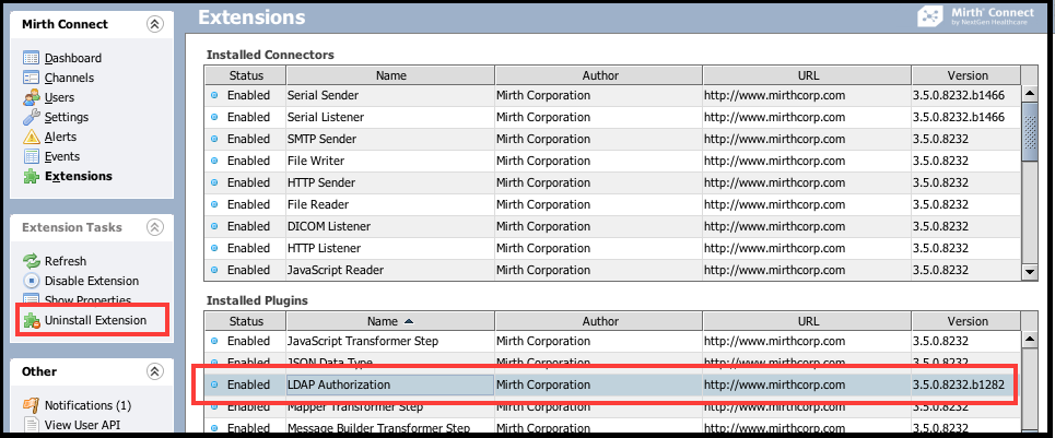 Selecting Uninstall Extension in the Extension Tasks