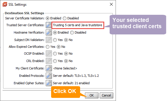 SSL Settings Window with Updated Trusted Server Certificates Value