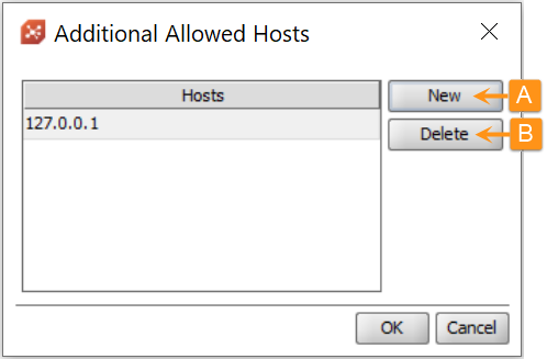Buttons on the Additional Allowed Hosts window that allow you to maintain the list of host names.