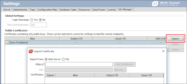 Selecting Import on the Settings Window
