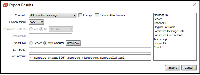 Export Results window