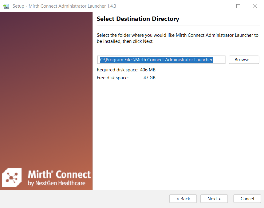Administrator Launcher setup wizard Select Destination Directory screen