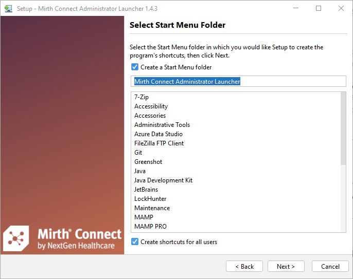 Administrator Launcher setup wizard Select components screen
