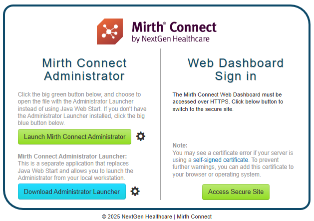 Mirth Connect launch page