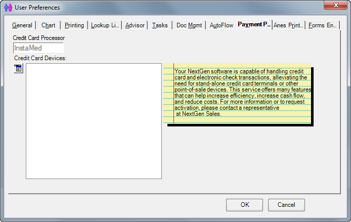 User Preferences Payment tab