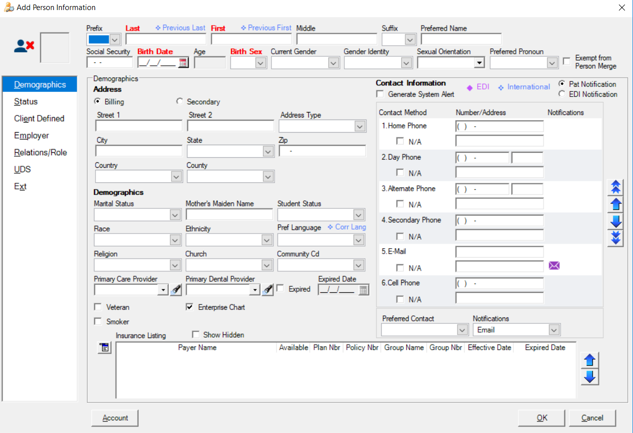 Add Person Information window