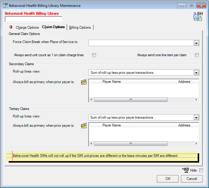 Behavioral Health Billing Library Maintenance window; Claim Options tab