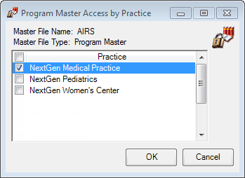 Program Master Access by Practice window