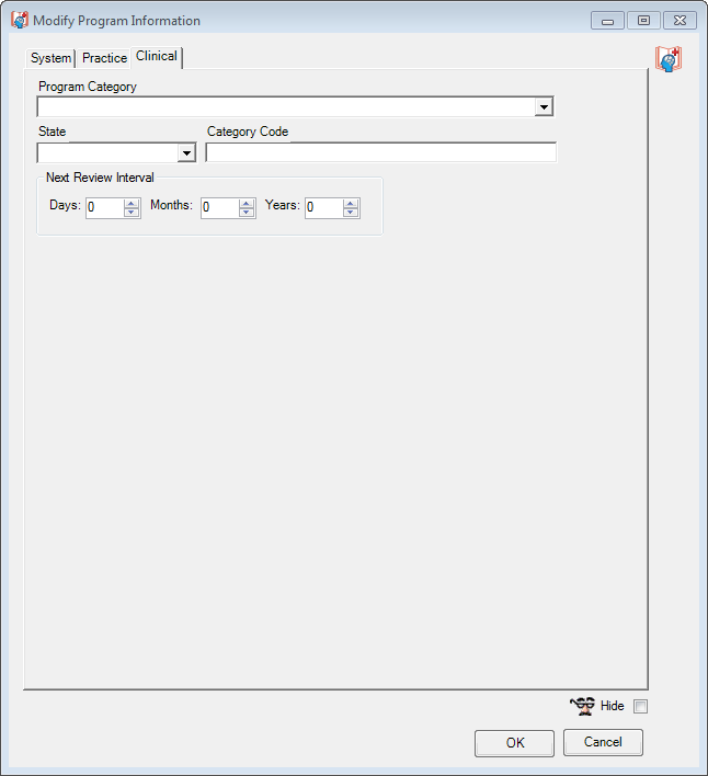 Modify Program Information window; Clinical tab