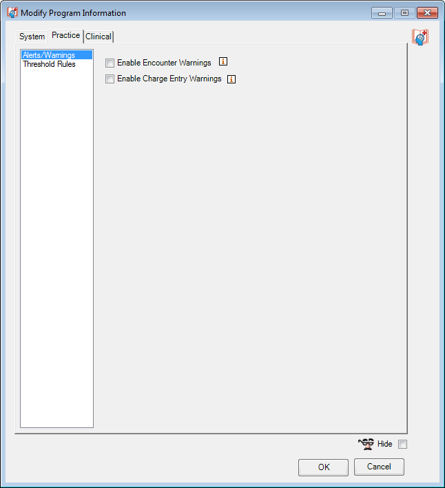 Modify Program Information window; Practice tab