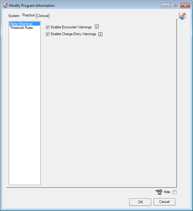Modify Program Information window; Practice tab; Alerts/Warnings