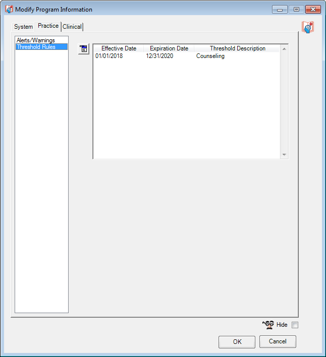 Modify Program Information window; Practice tab; Threshold Rules