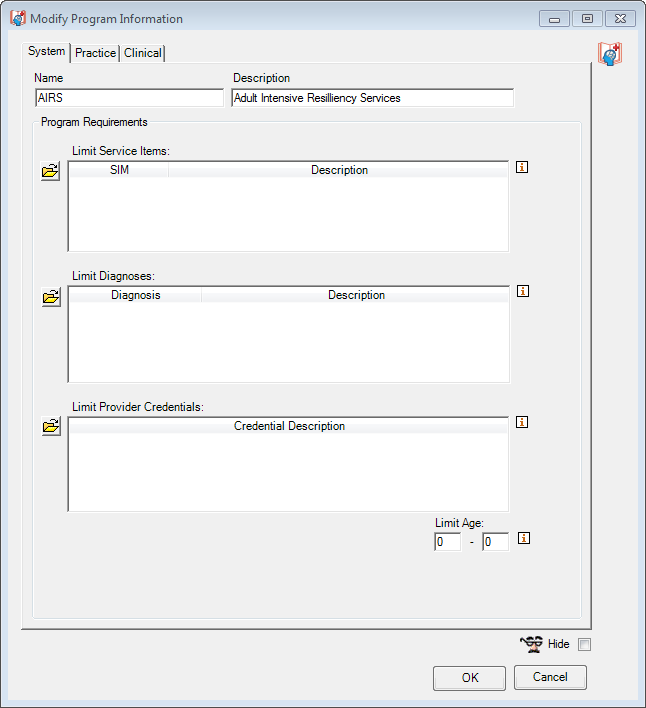 Modify Program Information window; System tab