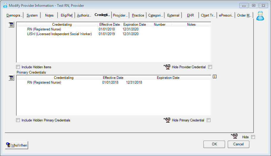 Modify Provider Information window; Credentialing tab