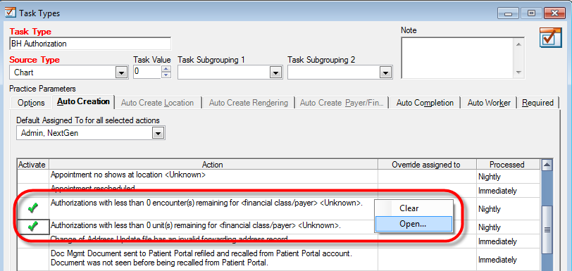 Task Types window; Auto Creation tab