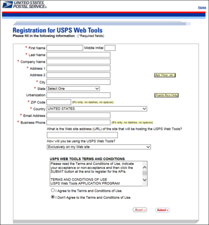 Registration of USPS Web Tools