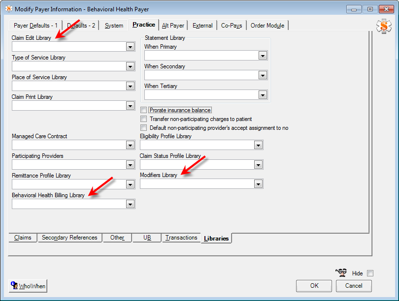 Modify Payer Information window; Practice tab; Libraries sub-tab