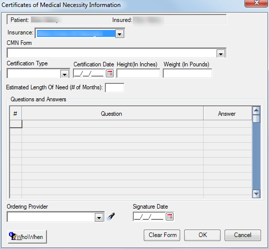 Certificate of Medical Necessity Information window