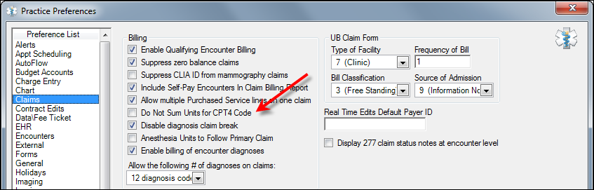 Practice Preferences window; Claims tab