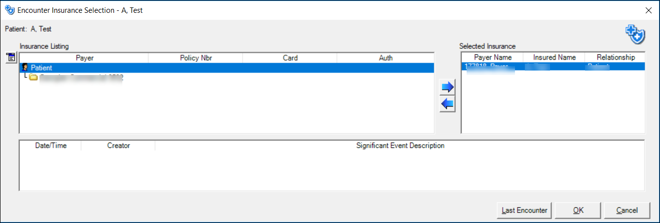 Encounter Insurance Selection window