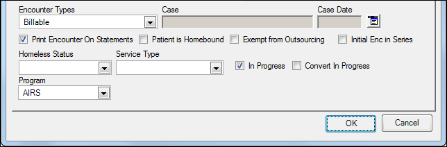 Create Encounter window; General tab; Program field and In Progress check box