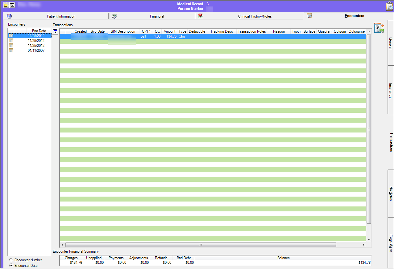 Encounters - Transactions tab