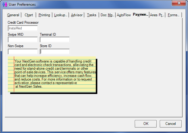 User Preference window