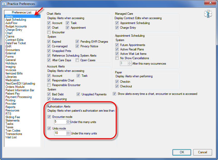 Practice Preferences window; Alerts tab
