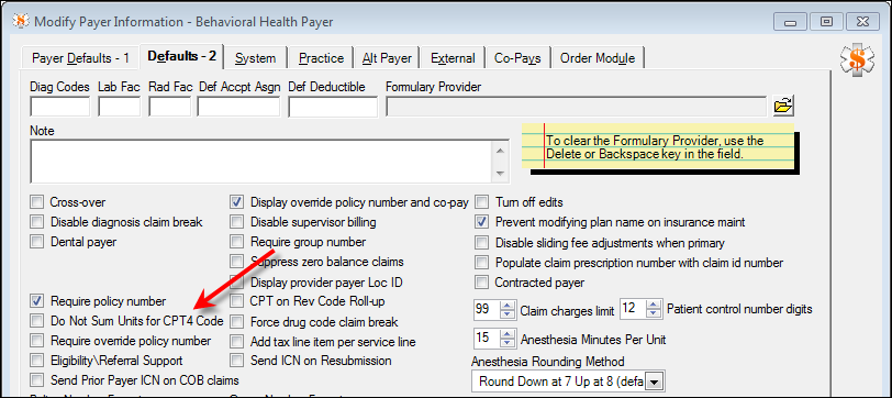 Modify Payer Information window; Defaults-2 tab