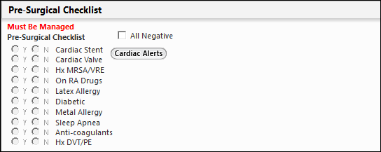 Pre-Surgical Checklist panel on the Surgery Scheduling template