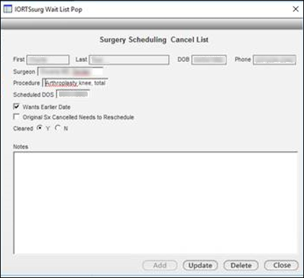 IORTS surgery wait list pop-up window