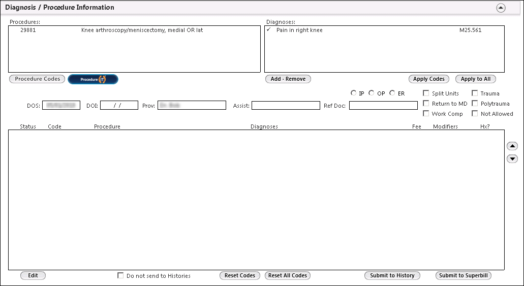 Diagnosis/Procedure Information panel on the Surgery Coding template