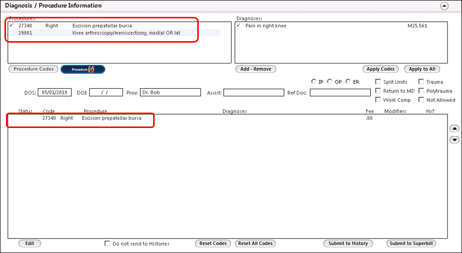 Procedures in the Diagnosis/Procedure Information panel