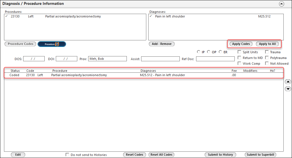 Diagnoses in the Diagnosis/Procedure Information panel