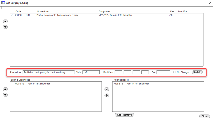 Edit Surgery Coding window