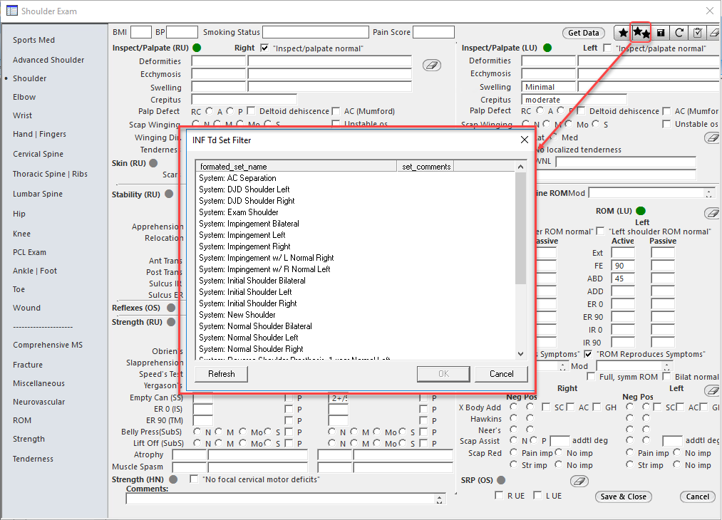 INF TD Set Filter window