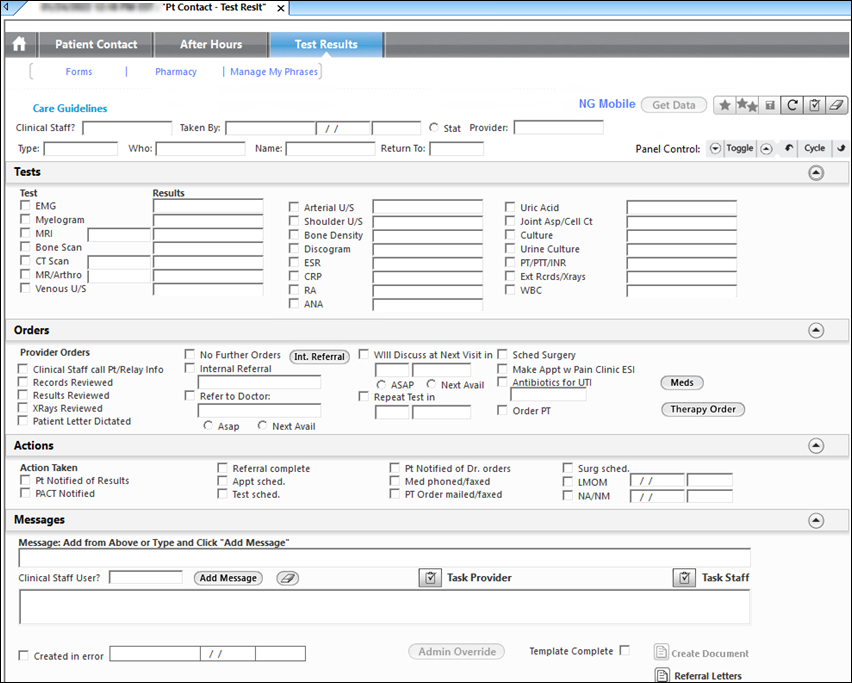 Panels on the Test Results template