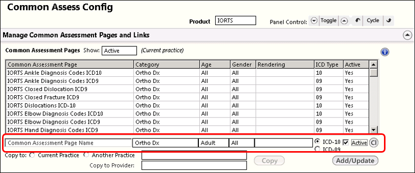 Add/Update button in the Manage Common Assessment Pages and Links panel