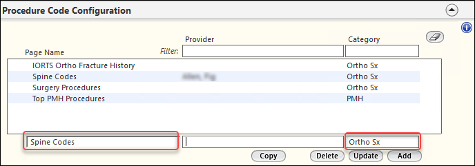 Add button in the Procedure Code Configuration panel
