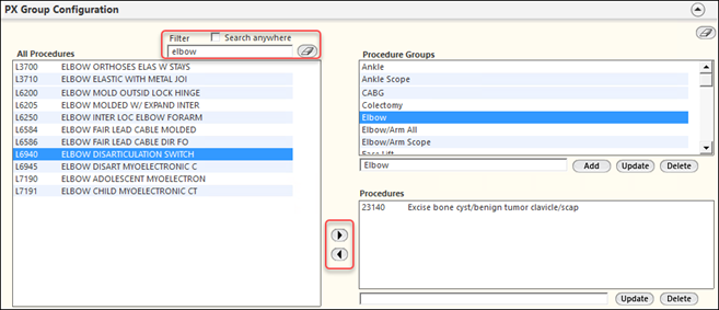 Filter section in the PX Group Configuration panel