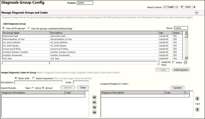 Manage Diagnosis Groups and Codes panel on the Specialty Diagnosis Group Config template