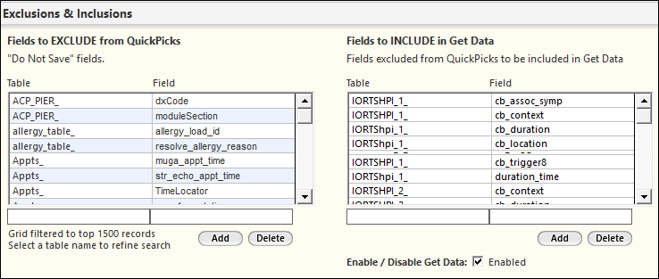 Exclusions and Inclusions panel on the QuickPick Manager template