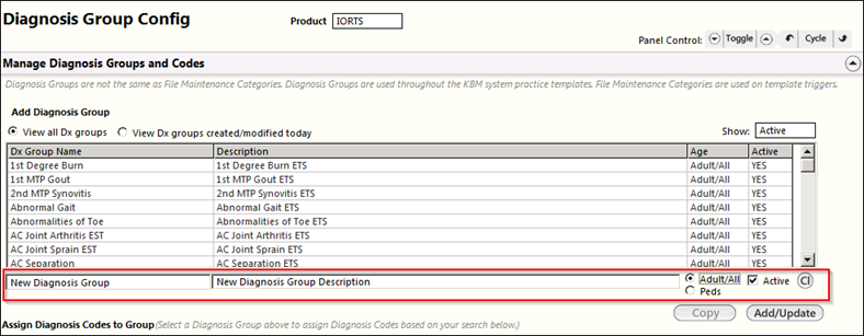 Manage Diagnosis Groups and Codes panel on the Specialty Diagnosis Group Config template