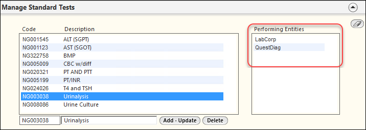 Performing Entities grid in the Manage Standard Tests panel