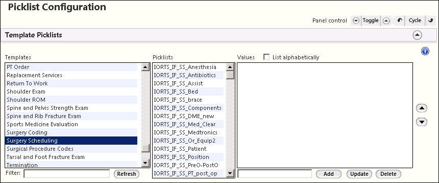 Template Picklists panel on the Picklist Configuration template