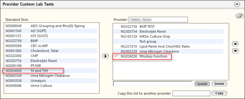 Provider Custom Lab Tests panel on the Lab Test Configuration template