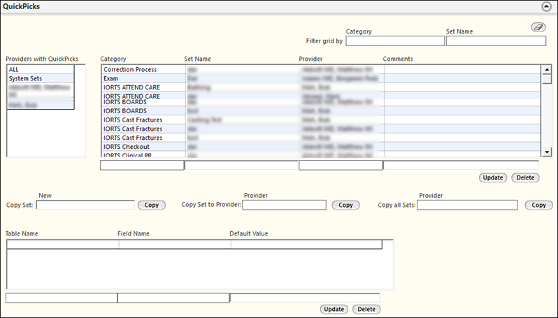 QuickPicks panel on the QuickPick Manager template