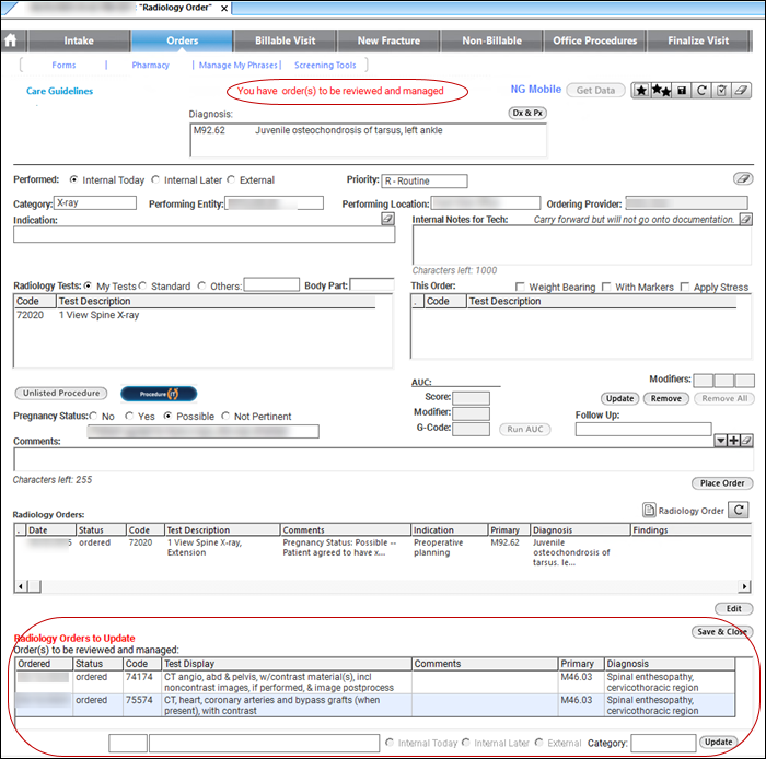 Radiology Orders to Update section on the Radiology Order template